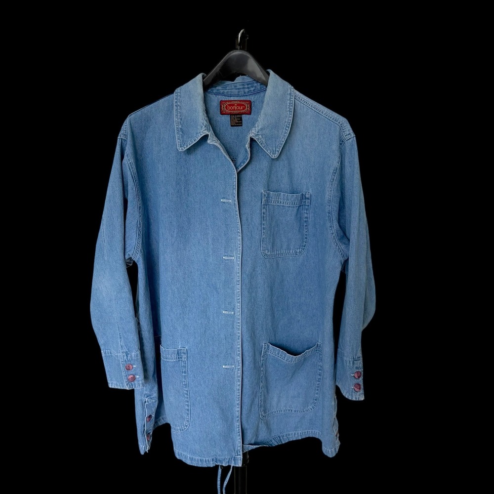 Y2K Bonjour Denim‎ Chore Jacket Womens 1X Blue Jean Cotton Button Front Coat